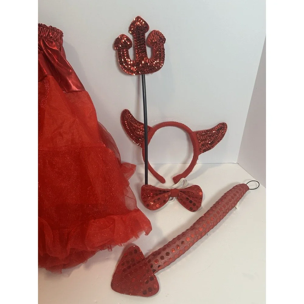 Women's Devil Costume Set S/M Tutu,  Horns, Bow‎ Tie,Tail & Mini Pitchfork 5 Pc